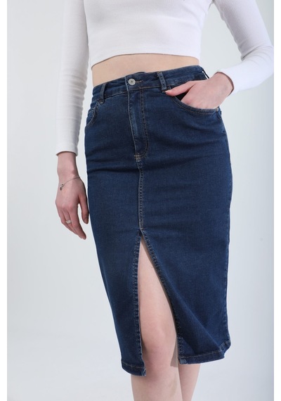 Banny Jeans Önden Yırtmaçlı Likralı Midi Jean Etek Koyu Mavi