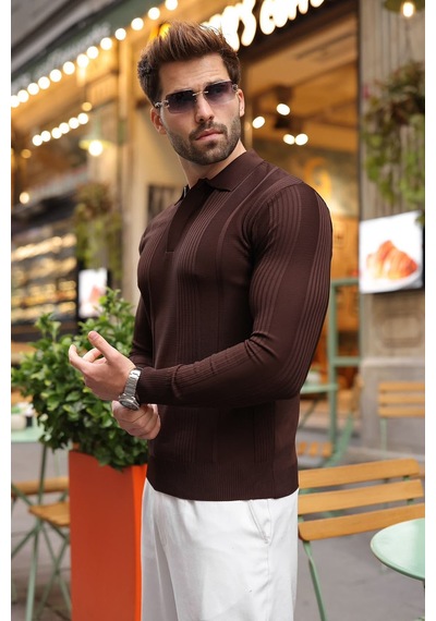 Madmext Kahverengi Polo Yaka Slim Fit Erkek Triko Kazak E7527