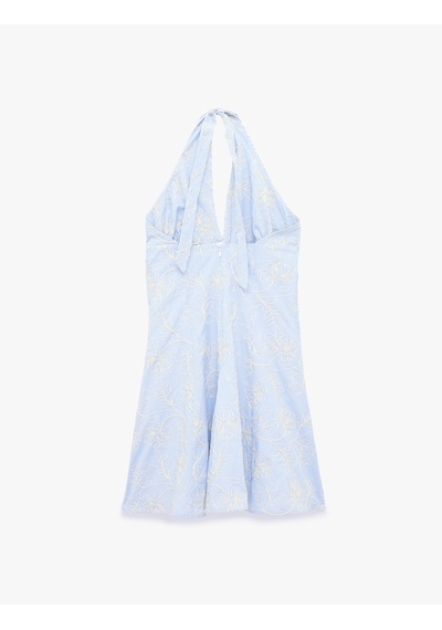 Koton Brodeli Floral Nakış Detaylı Slim Fit Sırt Dekolteli Halter Yaka Çizgili Mini Elbise Mavi Çizgili 6sak80136ew