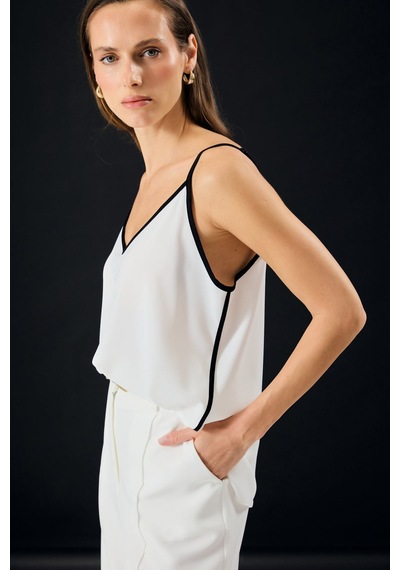 Sateen Kontrast Askılı Bluz - Ekru-137318