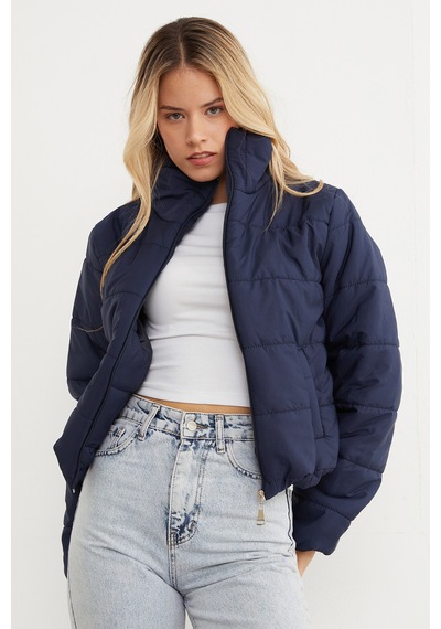 Fullamoda Beli Lastikli Crop Şişme Mont Lacivert