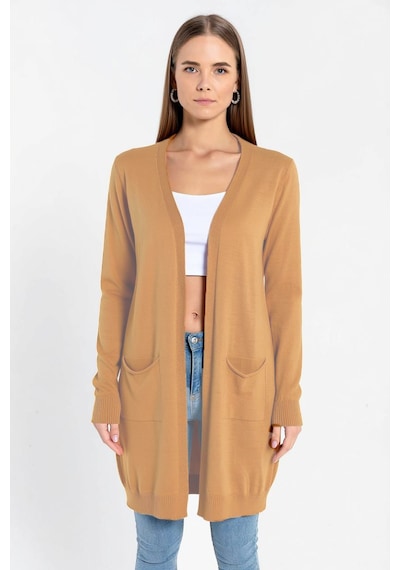 Miss Poem Camel Cepli Kadın Basic Uzun Triko Hırka Camel