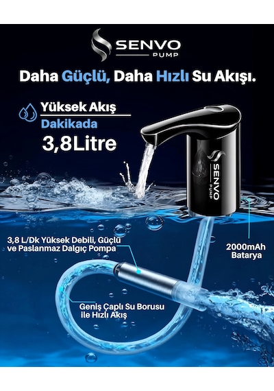 Senvo Pump Damacana Su Pompası Hızlı Dolum, Ultra Sessiz, Tek Şarjla 15 Damacanaya Kadar Siyah