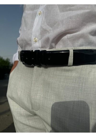 Bürke Rugan Siyah Deri Erkek Kemer Metal Tokalı Klasik Kumaş Pantolon kemeri 3,5 cm
