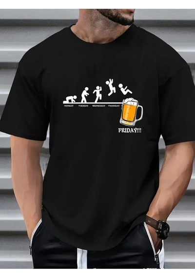 Flood Of Style Erkek Siyah Friday Beer Baskılı Oversize