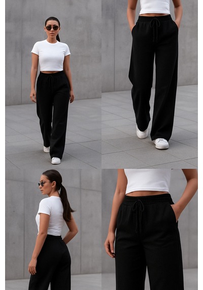Trendy Mall Sofya Keten Bol Kesim Pantolon Siyah Siyah