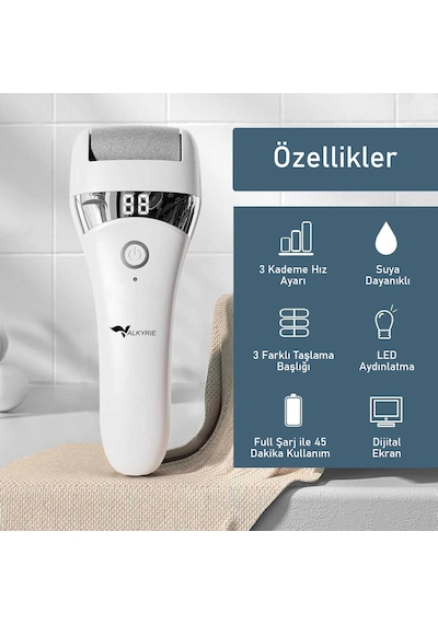 Valkyrie Şarjlı Elektrikli Topuk Törpüsü Ayak Bakım Cihazı 3 Başlıklı Suya Dayanıklı Dijital Ekranlı