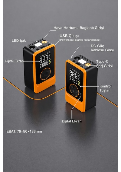 80w Şarjlı Mini Hava Kompresörü Dijital Lastik Şişirme & Basınç Ölçer Led Işıklı