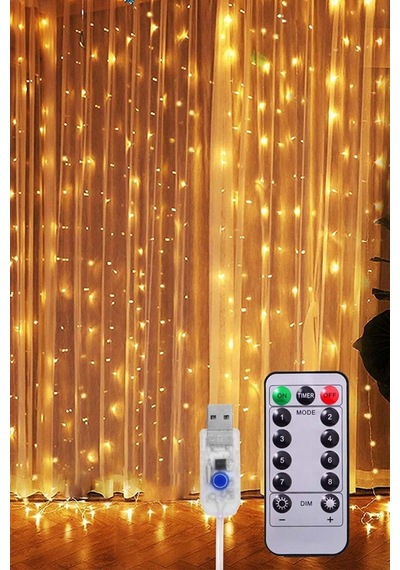 2x2 Metre Usb'li 8 Animasyonlu Uzaktan Kumandalı Gün Işığı Peri Tel Led Perde Sarı