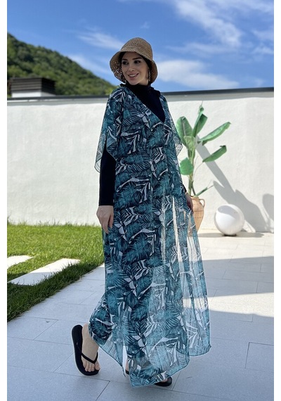 Remsa Tesettür Mayo Üzerine Triko Örme Tek Kaftan Pareo 430-t12 Çizgi Yaprak Ekru