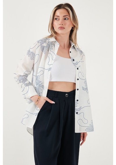 Lela Desenli Regular Fit Uzun Kollu Bayan Gömlek 6773200 Beyaz-Indigo