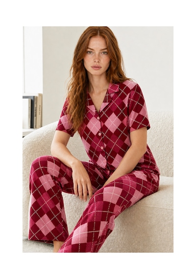 Fit Women Kadın Kısa Kol Desenli Kırmızı Pijama Takımı 4730