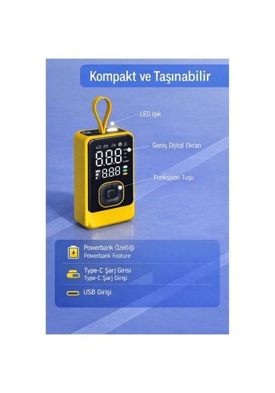 Taşınabilir Hava Pompası Dijital Ekranlı Led Işıklı Type-c Şarjlı Araç Bisiklet Top Lastik Şişirme Kompresörü Sarı