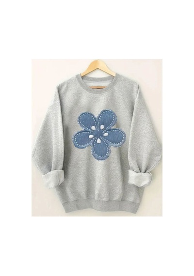 Herkesemoda Çiçek Baskı Detaylı Bisiklet Yaka Sweatshirt Gri