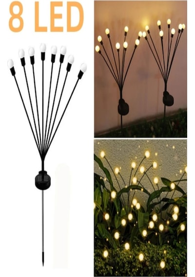 2 Adet 8 Led Li Güneş Enerjili Ateş Böceği Balkon Bahçe Lambası 2 Adet Siyah