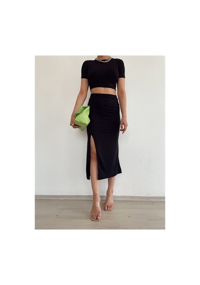 Thiqe Butik Yandan Yırtmaçlı Etek Crop Takım Siyah