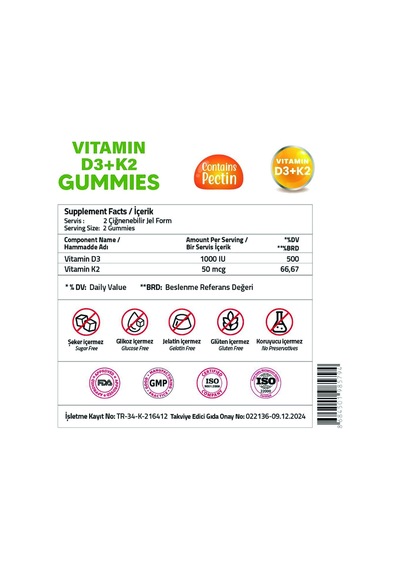 Vitamin D3 1000 Iu K2 50 Mcg 120 Gummies