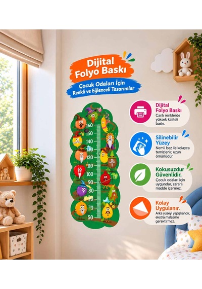 Çocuk Odası Boy Ölçer, Meyveler Tasarımlı Duvar Stickerı Folyo Baskı, Dekoratif Boymetre