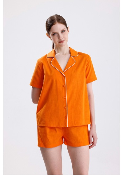 Kadın Kısa Kol Önden Düğmeli Şortlu Kiremit Pijama Takımı Çok Renkli