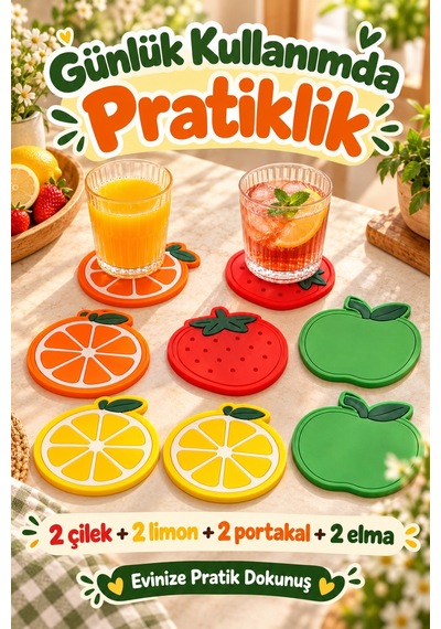 8'li Meyve Desenli Bardak Altlığı Seti Çilek Limon Portakal Elma Kahve Fincan Altlığı Masa Aksesuarı Çok Renkli