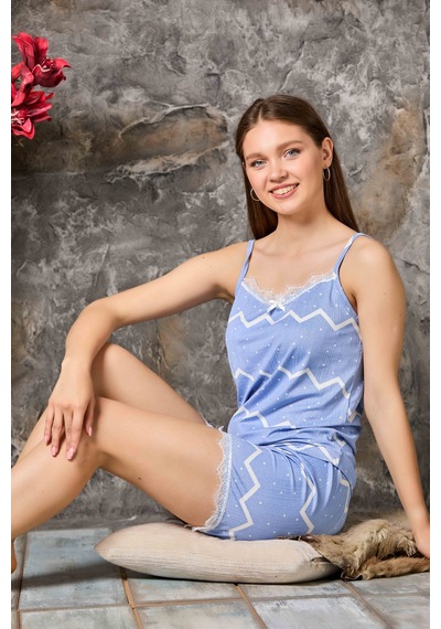 Nisanca Yazlık Şortlu Askılı Kadın Pijama Takımı mavi