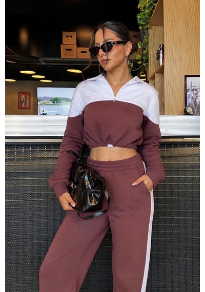 Makentmoda İki Renk Şeritli Eşofman Altı Gülkurusu L