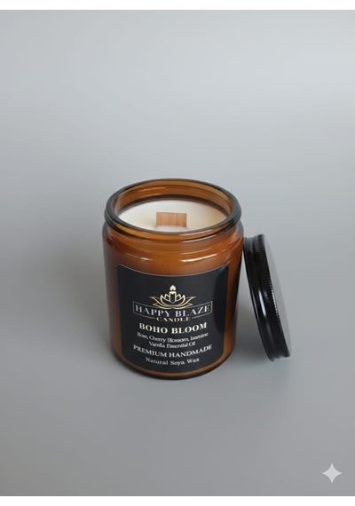 Boho Bloom Gül & Yasemin Kokulu El Yapımı Soya Mumu Happy Blaze Candle Amber