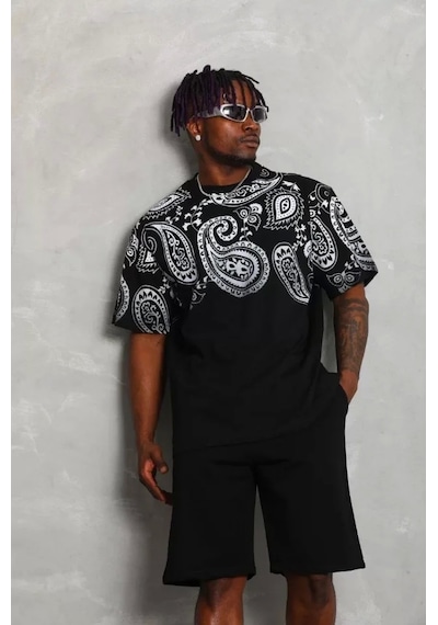 Unisex Oversize Baskılı Bisiklet Yaka T-shirt - Siyah Siyah