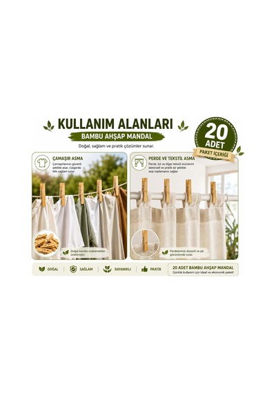 20 Adet Bambu Ahşap Mandal Doğal Çamaşır Mandalı Bpa İçermez Çok Amaçlı Dekoratif Hobi Ve Paketleme Kullanım Diğer
