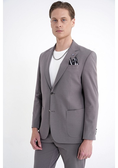 Comfort Fit Çift Yırtmaç Torba Cep Metal Düğmeli Vizon Blazer Ceket C 734