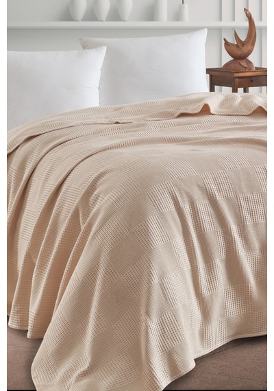 Battal Boy %100 Pamuk Pike Örtü 230x240cm Karo Desenli Bej Weave Serisi Bej