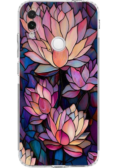 Printify Redmi Note 7 İle Uyumlu Vitray Sessiz Lotus Tasarımlı Şeffaf Silikon Kılıf Şeffaf