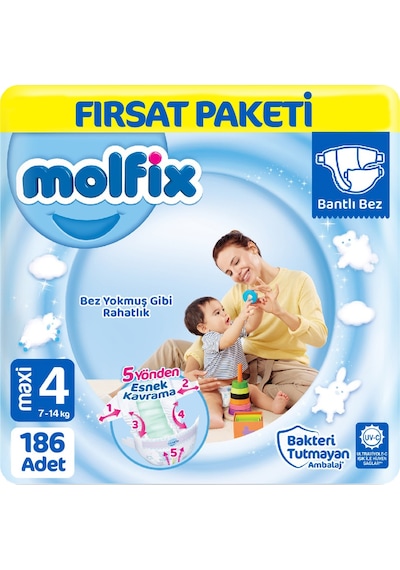 Molfix 4 Beden Bebek Bezi Fırsat Paketi 62x3 186 Adet 4 Numara