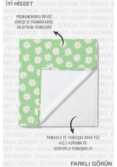 Papatya Çiçekli Yeşil Plaj Havlusu - Bohem Minimalist Yazlık Hızlı Kuruyan Mikrofiber Havlu Uçuk Lavanta