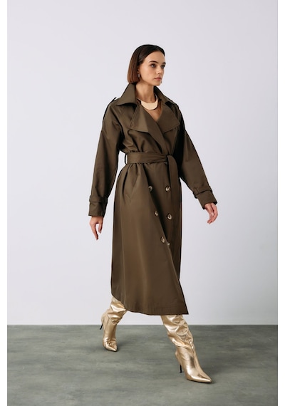 Sateen Kuşaklı Uzun Trenç - Haki-135232 Haki