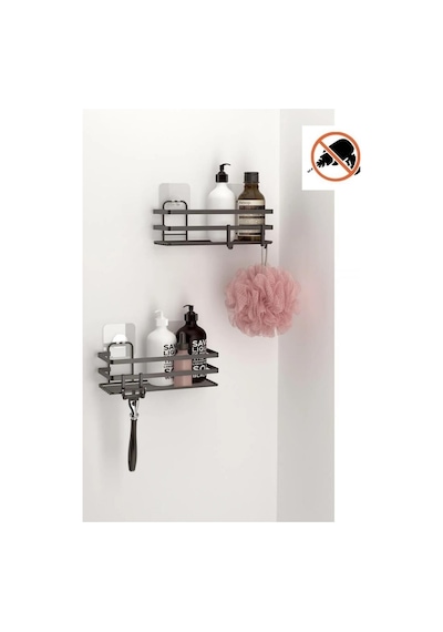 Tekno Tel St-281 Yapışkanlı 2'li Siyah Banyo Rafı Kancalı Deliksiz Duş Şampuanlık Organizer Siyah