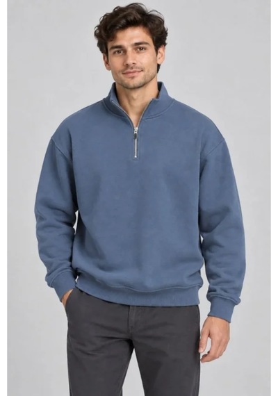 Butik İstanbul Erkek Üç İplik İçi Şardonlu Dik Yaka Yarım Fermuarlı Kışlık Sweatshirt - Mavi