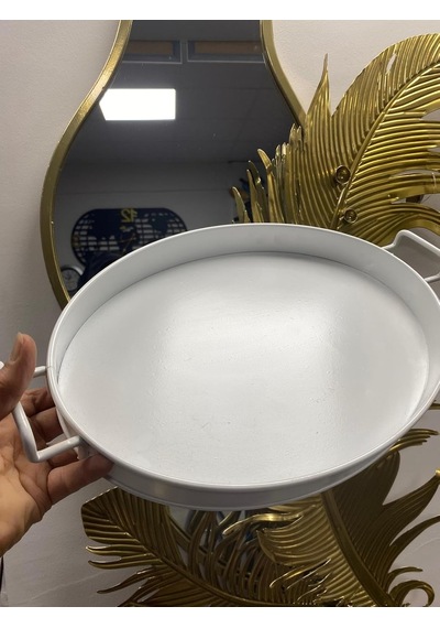 Metal Oval Tepsi, Beyaz, 36 Cm, Kulplu, Dekoratif Servis Tepsisi Çok Renkli