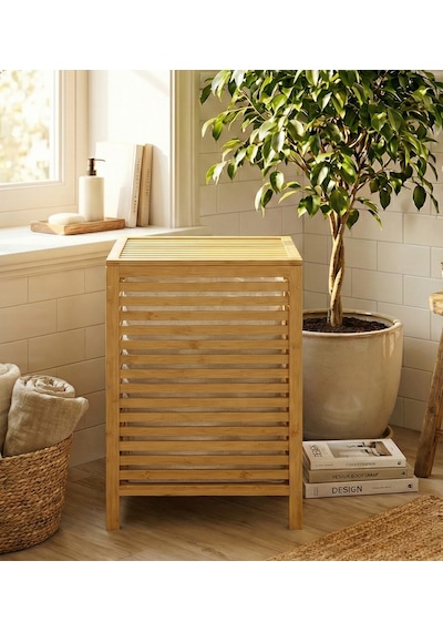 Bambu Kirli Banyo Çamaşır Sepeti İki Bölmeli Dekoratif Kare Doğal Bambu 45 45 63cm Kahverengi