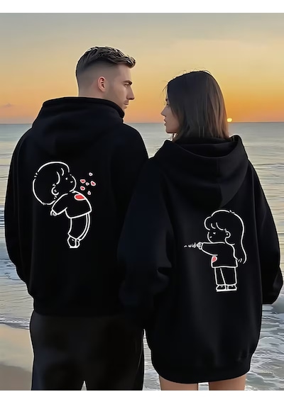 Nevermind Sevgili Çift Kombin Hoodie 2 Li Set Unisex Oversize Kapüşonlu Hoo Siyah