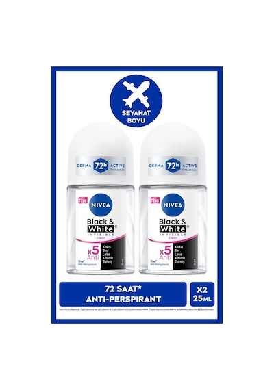 Nıvea Kadın Roll-on Deodorant Black&white Invisible Clear 25ml, 72 Saat perspirant Ter Koruması, Seyahat Boyu, Leke Karşıtı, Alkolsüz, X2 Adet