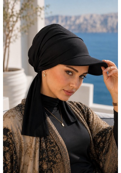 Aişe Tesettür Siyah Kepli Deniz / Havuz Kullanımına Uygun Bağcıklı Eşarp Bone