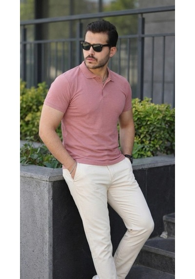 Defymoda Erkek Kısa Kollu Yakalı Tişört Gülkurusu