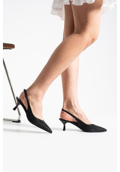 Dabab Shoes Aurelıa Kadın Siyah Sivri Burun Slingback 6 Cm İnce Topuk Parlak Simli Abiye Ayakkabı