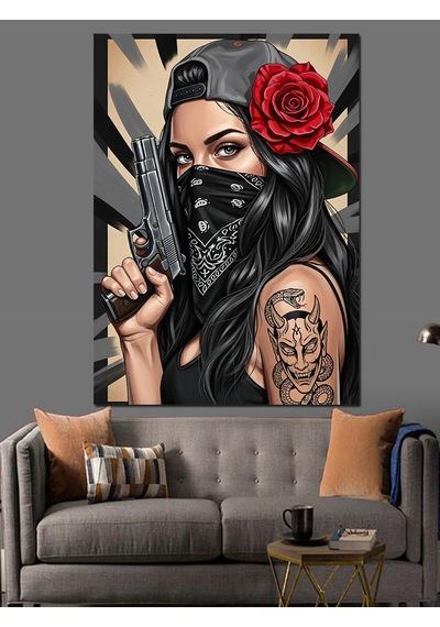 Ahşap Tablo Güllü Kadın Maskeli Retro