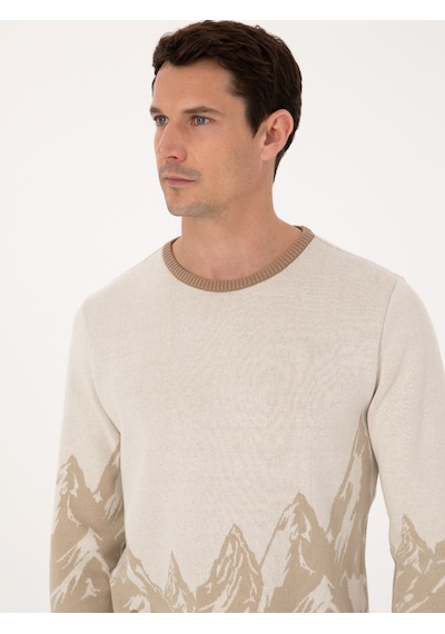 Cacharel Ekru Slim Fit %100 Pamuk Bisiklet Yaka Desenli Triko Kazak Bej