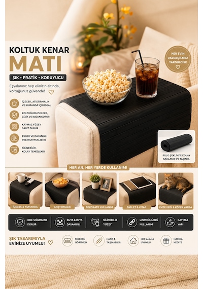 Porsima Lm-2005 Bambu Koltuk Matı Ahşap Kanepe Koltuk Kenarı Sehpa Yan Sehpa Katlanabilir Koltuk Kenarı Tepsisi 37x68cm Siyah