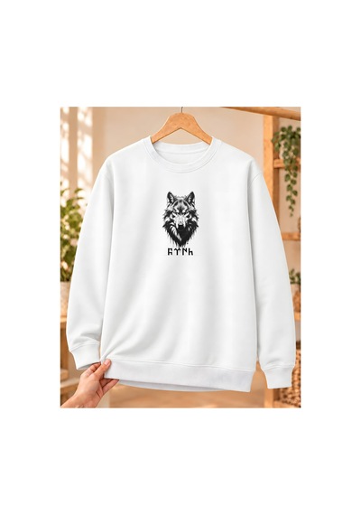 Mor Mürekkep Bozkurt Başı Ve Göktürk Yazısı Baskılı Bisiklet Yaka Sweatshirt - Beyaz