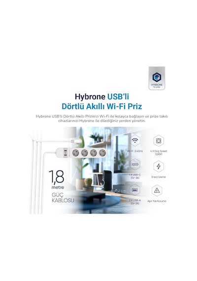 Ayrex Hybrone Usb Ve Type-c Girişli Akım Korumalı Dörtlü Wi-fi Akıllı Priz, 16 Amper, Enerji İzleme, Uygulama İl 0