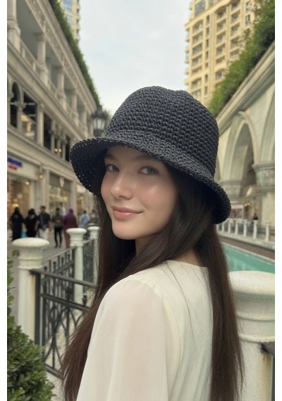 Mollycrush Kadın Siyah Yazlık Örgü Bucket Şapka Güneş Koruyucu Trend Kova Model Antrasit Siyah